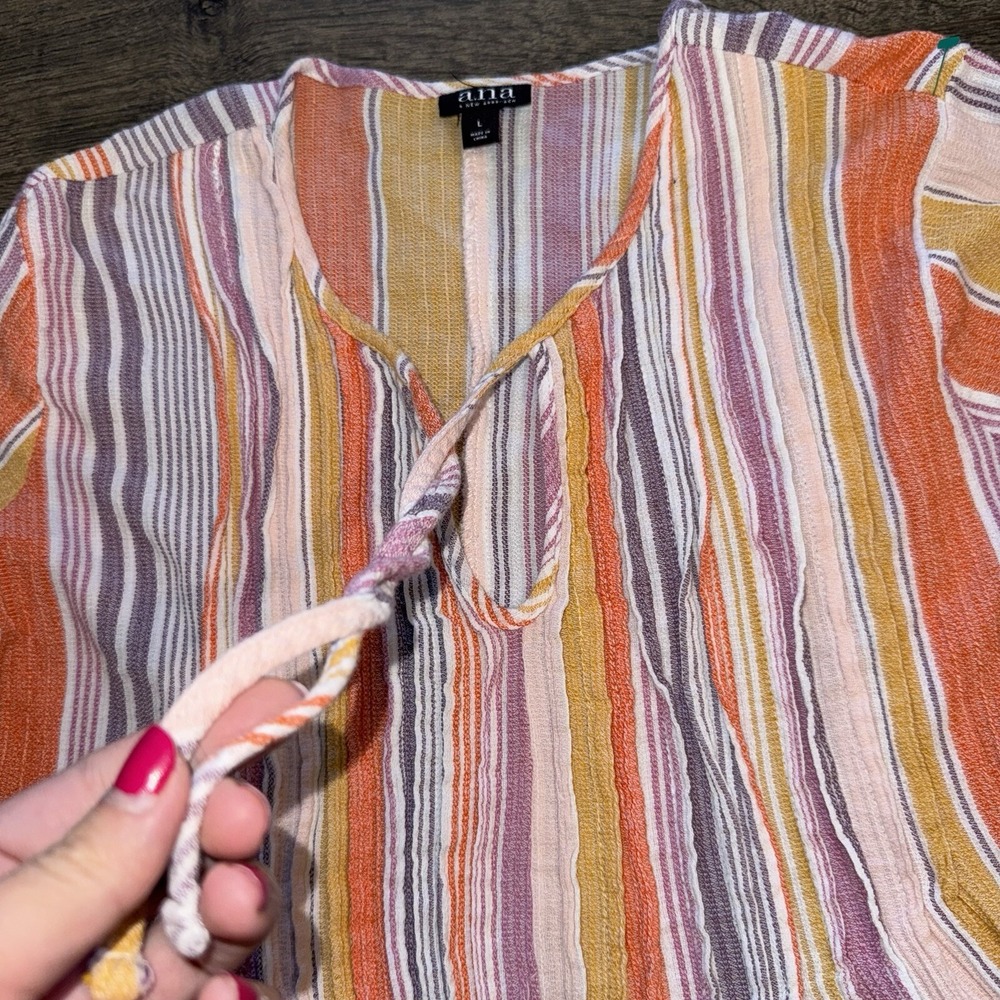 a.n.a Woman Large Shirt Rainbow Striped Tassels Pleated Long Sleeve Blouse Boho - Picture 6 of 14